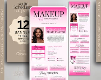 May include: Pink and white business card template for a makeup artist. The card features a photo of the artist, contact information, business hours, and booking policies. The text "MAKEUP by JESSICA WILLIAMS" is at the top of the card.