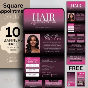 Rosa Quadrat Terminplaner Hair Stylist Quadratische Buchungsseite Quadratische Vorlage, Haar Website Banner Lash Buchungsseite DIY Canva Template