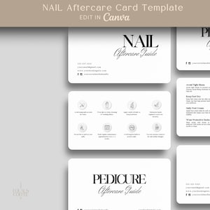 Puede incluir: Plantilla de tarjetas de cuidado posterior de uñas y pedicura. Las tarjetas son blancas con texto y gráficos en negro. El texto incluye "NAIL Aftercare Guide" y "PEDICURE Aftercare Guide". Las tarjetas también incluyen información de contacto e iconos.
