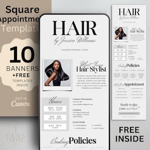 Hair Booking Template Hair Stylist Square Appointments Template Newspaper Booking Minimalist Website Banner Page Canva, Free Business Card