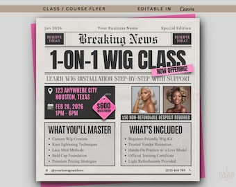 Flyers de cours de perruques, modèle de flyer de cours de perruques en dentelle, dépliant de cours de formation sur la pose de perruques