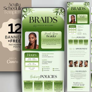 May include: Digital product template for Acuity Scheduling, featuring 12 banners and free Instagram posts. The design is centered around braids, with a green and white color scheme. Includes booking information and a photo of a woman with braids.