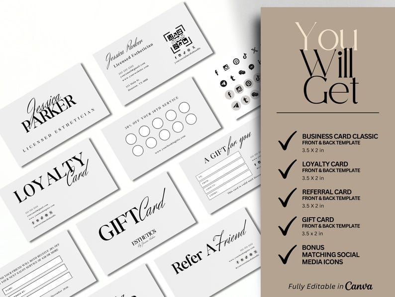 aesthetic simple Esthetician Business Card Template simple Business Card Design Bundle, Licensed Esthetician QR Code Card, Loyalty Card Referral Card Gift Card business card with qr code qr code card qr code template editable template