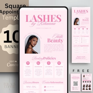 Könnte beinhalten: Digitales Produkt: Rosa-weißes Terminvorlagen-Set für Wimpern-Services mit "Lashes by Rihanna". Das Set beinhaltet Buchungsrichtlinien, Kontaktinformationen und zusätzliches Marketingmaterial. Bearbeiten in Canva.