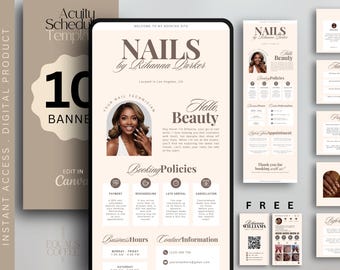 May include: Digital product template for a nail salon, featuring a phone mockup with the text "NAILS by Rihanna Parker." Includes booking policies, business hours, and contact information. Additional promotional materials are also shown.