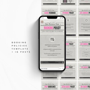 May include: A smartphone displays a "Booking Policy" template with text. The template is surrounded by other policy templates. The words "Booking Policies Template + IG Posts" are written in a minimalist font.