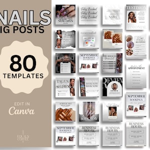 Könnte beinhalten: Digitales Produkt mit 80 Instagram-Post-Vorlagen für Nagelstudios. Das Design umfasst verschiedene Layouts mit Text wie "NAILS", "Jetzt buchen" und "September-Buchungen sind jetzt geöffnet". Die Vorlagen sind in Canva bearbeitbar.
