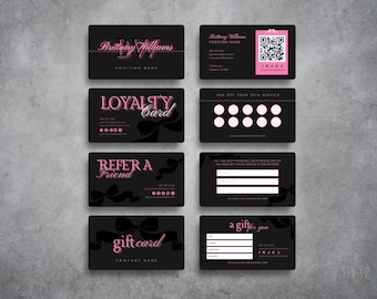 Paquete de tarjetas de presentación negras, plantillas de Canva para tarjetas de presentación, plantillas para tarjetas de fidelización, tarjetas de recomendación, tarjetas de regalo, tarjetas de recompensa, cabello, uñas, pestañas, trenzas.