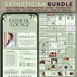 Kit de marca comercial para esteticista Plantilla de programación Green Acuity Folleto de publicación de Instagram para esteticista Plantilla de tarjeta de presentación de Instagram