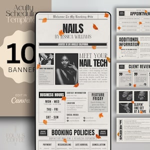 Könnte beinhalten: Digital Vorlage für die Terminplanung in einem Nagelstudio, im Zeitungsstil. Enthält Geschäftszeiten, Kontaktinformationen, Buchungsrichtlinien und Kundenbewertungen. Die Vorlage ist in Canva bearbeitbar.
