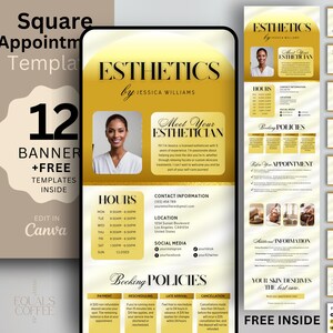 Puede incluir: Producto digital con plantillas de citas de estética. El diseño principal es dorado y blanco, con el texto "ESTHETICS by Jessica Williams". Incluye 12 plantillas de banner y plantillas gratuitas en el interior. También incluye tarjetas de visita, tarjetas de fidelidad y tarjetas de regalo.