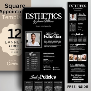 Può includere: Modelli digitali per servizi di estetica, inclusi banner e modelli di biglietti da visita. Il design presenta uno schema di colori bianco e nero con il testo "ESTHETICS by Jessica Williams" e "Meet Your Esthetician".