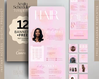 May include: A pink and white digital marketing template for a hair stylist. The template includes a banner, Instagram posts, and booking policies. The text on the banner reads "12 Banner + Free Instagram Posts". The text on the Instagram posts reads "Meet Your Hair Stylist", "Hair Care Tips", "Packages", "How To", "FAQ", "Book Now", "Excuses", "Hair Care Tips", "Hair Care Tips", "Hair Care Tips", "Hair Care Tips", "Hair Care Tips". The text on the booking policies reads "Payments", "Rescheduling", "Cancellations", "Late Arrival".