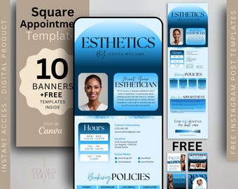 Plantilla de citas Blue Square, sitio de reservas de esteticistas, plantilla cuadrada, banner para sitio web de esteticistas, plantilla de Canva DIY para sitio de reservas.
