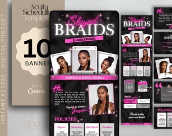 May include: Digital product template for "Slayed Braids" by Jessica Williams, featuring a black and pink design. Includes banners, Instagram posts, and appointment information. Located in Los Angeles, California. Edit in Canva.