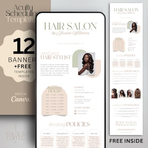 May include: Digital product template for a hair salon, including 12 banner templates and free business card templates. The design features a neutral color palette with text that reads "Hair Salon by Jessica Williams."