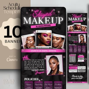 May include: Digital makeup template with a black and pink design. The template includes the text "Slayed Makeup" and "by Jessica Williams". It features images of women with makeup and includes the text "Located in Los Angeles, California".