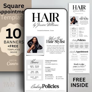 Minimalistische vierkante sjabloon Kapper vierkante afspraaksjabloon Kapselboekingssjabloon Websitepagina voor kapsalon Canva Gratis visitekaartje