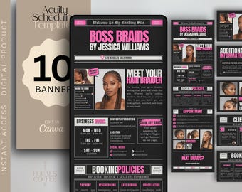 May include: Digital product template for a hair braiding business, featuring a black and pink design. The template includes booking information, business hours, and a photo of a woman with braids. The text reads "BOSS BRAIDS by Jessica Williams."