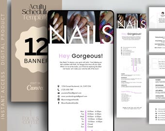 May include: Digital product template for a nail salon, featuring a banner, business card, and appointment information. The design includes the word "NAILS" in large white letters, with images of manicured nails. The color scheme is neutral with pink accents.