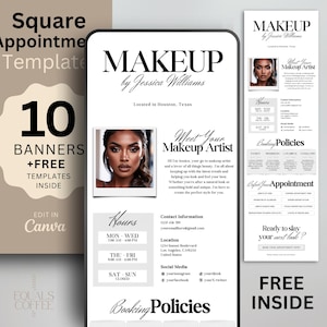 May include: A digital product for makeup artists. The image shows a phone screen with a black and white design. The text on the screen says "Makeup by Jessica Williams" and "Meet Your Makeup Artist". The image also includes a black and white photo of a woman with makeup on. The text "Free Business Card Templates" is on the right side of the image.