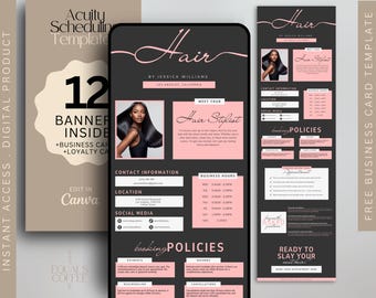 May include: Digital product template for a hair stylist, featuring a black and pink design. Includes a phone mockup with business information, booking policies, and a free business card template. The text says "Hair" and "Ready to slay your next hair!"