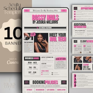 May include: Digital template for a nail salon, designed in a newspaper style with pink highlights. It includes banners, booking policies, and client reviews. The main text reads "Bossy Nails by Jessica Williams."