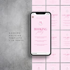 May include: A smartphone displays a pink "Booking Policy" template for Instagram posts. The phone is surrounded by similar pink templates with text like "Payment" and "Late Arrival Policy". The background is a textured gray surface.