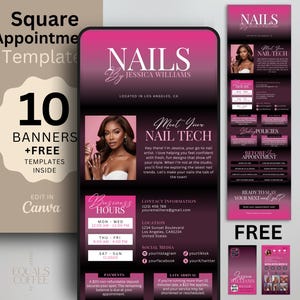 Modello di appuntamenti quadrato rosa Modello di prenotazione quadrato per nail tech Modello quadrato, banner per sito web nero Modello di prenotazione per salone di bellezza Canva
