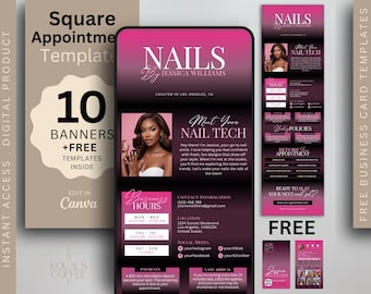 Pink Square Appointments Template Nail Tech Square Booking Site Square Template, Black Website Banner Nail Salon Booking Site Canva Template