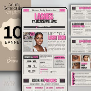 May include: Digital product template for an Acuity Scheduling site, featuring a pink and black design with the text "Lashes by Jessica Williams." Includes banners, appointment details, and booking policies. The template is editable in Canva.