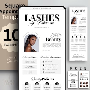May include: Digital template for lash services, featuring a phone mockup with "Lashes by Rihanna" branding. Includes business hours, contact info, booking policies, and a "Hello Beauty" message. Additional banners and templates are also included.