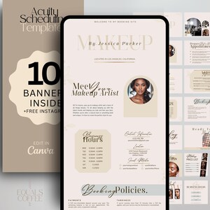 May include: Digital product template for Acuity Scheduling, featuring 10 banners and Instagram integration. The design includes a makeup artist's booking site with business hours, contact info, and booking policies. The template is editable in Canva.