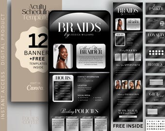 May include: Digital template for a hair braiding business, featuring a black and silver design. Includes a scheduling template, business cards, and a loyalty card. The template is editable in Canva.