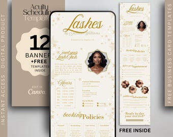 May include: A digital Acuity Scheduling template for a lash business featuring a cream background with gold stars, gold cursive text, and a photograph of a person. The layout includes sections for hours, contact information, and booking policies.