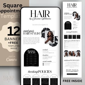 Puede incluir: Plantillas digitales para estilistas capilares, incluyendo una plantilla de cita cuadrada con 12 banners y plantillas gratuitas. El diseño presenta el texto "HAIR by Jessica Williams" y plantillas de tarjetas de visita.