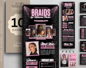 May include: Digital product template for a hair braiding business. The design features a black and pink color scheme with the text "Braids by Rihanna Parks" and "Located in Los Angeles, California". Includes images of braided hairstyles.