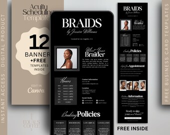 May include: Digital product template for a braiding service, featuring a black and white design with the text "BRAIDS by Jessica Williams." Includes a photo, business card templates, and booking information. The template is editable in Canva.