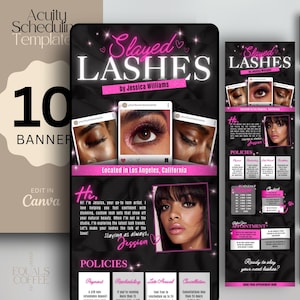Puede incluir: Plantilla de producto digital para servicios de pestañas, con un diseño en negro y rosa. El gráfico principal dice "Slayed Lashes" de Jessica Williams, con imágenes de ojos estilo Instagram. Incluye banners, políticas e información de citas.