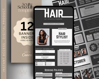 Puede incluir: Una plantilla de banner digital en blanco y negro para un estilista de cabello. El banner presenta una foto de una mujer con cabello negro largo, el texto "HAIR BY JESSICA PARKER" y las palabras "Conoce a tu estilista de cabello". El banner también incluye información de contacto, horarios de atención, políticas de reserva y una galería de estilos de cabello.