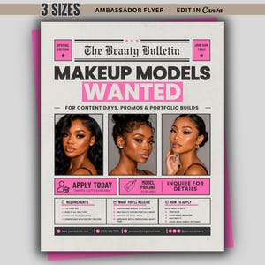 Flyer för sminkmodeller, flygblad för modell, skönhetsmodell, flygblad för varumärkesambassadör, Canva-mall för Instagram-inlägg, MUA-modellsamtal