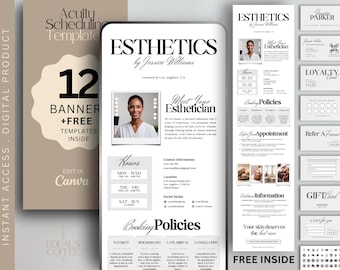 Könnte beinhalten: Ein digitales Produkt für Kosmetikerinnen, mit 12 anpassbaren Bannern und kostenlosen Vorlagen. Das Produkt ist für die Bearbeitung in Canva konzipiert. Das Bild zeigt ein Banner mit dem Text "Esthetics by Jessica Williams" und ein Foto einer Frau mit neutralem Gesichtsausdruck. Das Banner enthält auch Informationen über den Standort der Kosmetikerin, ihre Öffnungszeiten, Kontaktinformationen und Buchungsrichtlinien.