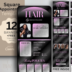 May include: Digital product featuring a black and pink hair salon appointment template. The design includes the text "HAIR by Jessica Williams", appointment details, and business cards. The template is editable in Canva.