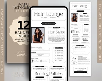 Puede incluir: Una plantilla de tarjeta de visita en blanco y negro para una peluquería llamada "Hair Lounge". La tarjeta presenta una foto de una mujer con el pelo largo y negro, el nombre del salón, la información de contacto, el horario comercial, las políticas de reserva y una sección para citas. El texto "¿Listo para lucir tu próximo look?" aparece en la tarjeta.