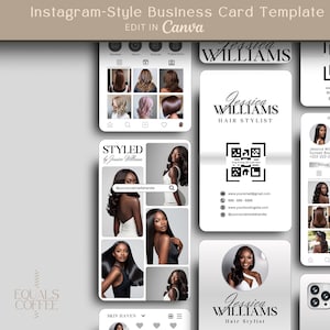 Könnte beinhalten: Instagram-Style-Visitenkarten-Vorlage mit dem Branding eines Friseurs. Das Design umfasst eine Visitenkarte, ein Social-Media-Profil und Mockups für Telefonbildschirme. Die Vorlage ist in Weiß-, Grau- und Schwarztönen gehalten und zeigt Bilder von Frisuren.
