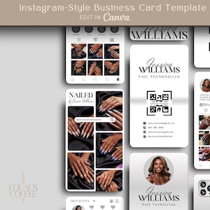 May include: An Instagram-style business card template showcasing nail art. The design includes the name "Jessica Williams, Nail Technician", a QR code, and social media details. The template is designed for editing in Canva.