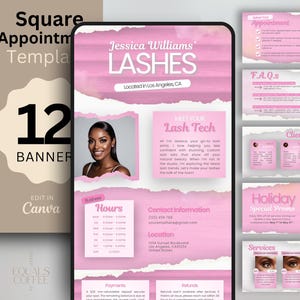 May include: Digital product template for lash services, featuring a pink and white design. Includes banners with appointment details, FAQs, client reviews, and a holiday promotion. The template is editable in Canva.