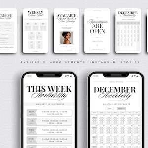 May include: A collection of digital Instagram story templates for appointment scheduling, featuring black text on white backgrounds. The designs include calendars, weekly time slots, and booking information with elegant serif typography and minimalist layouts.
