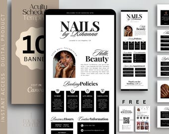 May include: Digital template for a nail salon, featuring a black and white design with the text "NAILS by Rihanna" and booking information. Includes a photo of a nail technician and various promotional banners.