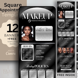 May include: Digital product featuring a black and silver makeup appointment template. Includes 12 banners and free templates. The design features the text "MAKEUP by Jessica Williams" and includes business cards and a gift card.